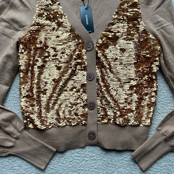 NWT Express Women's Sequin Long Sleeve Button Front Cardigan Sweater Top XS Gold - Picture 8 of 15